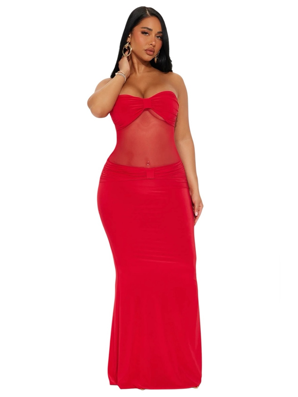 Fashion Nova “Elena” Red Sheer Mesh Maxi Gown NWT